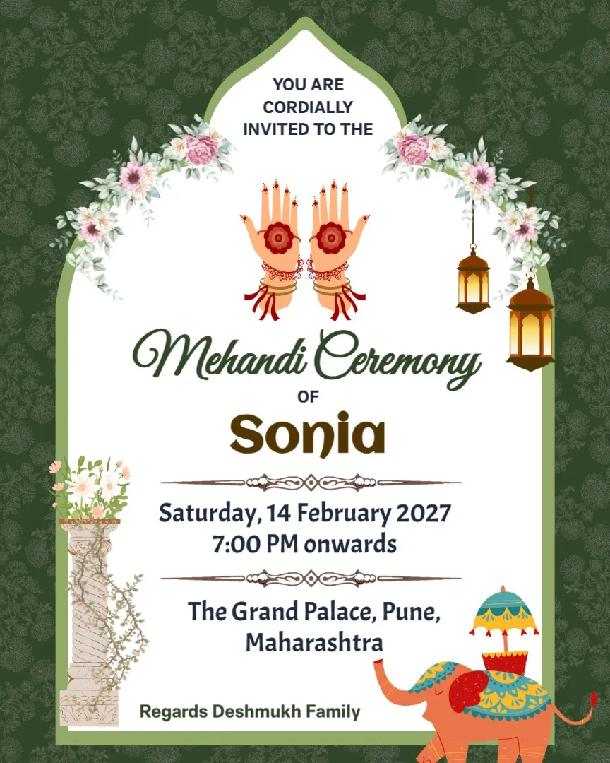 Free Elegant Mehendi Invitation Card — English Mehendi Invitation Cards template