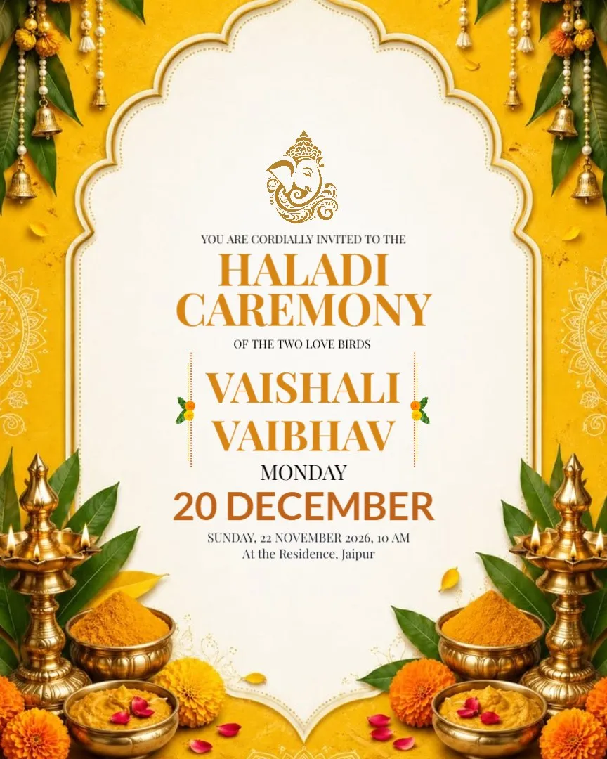 Yellow Theme Haldi Invitations — English Haldi Ceremony Invitation Cards template
