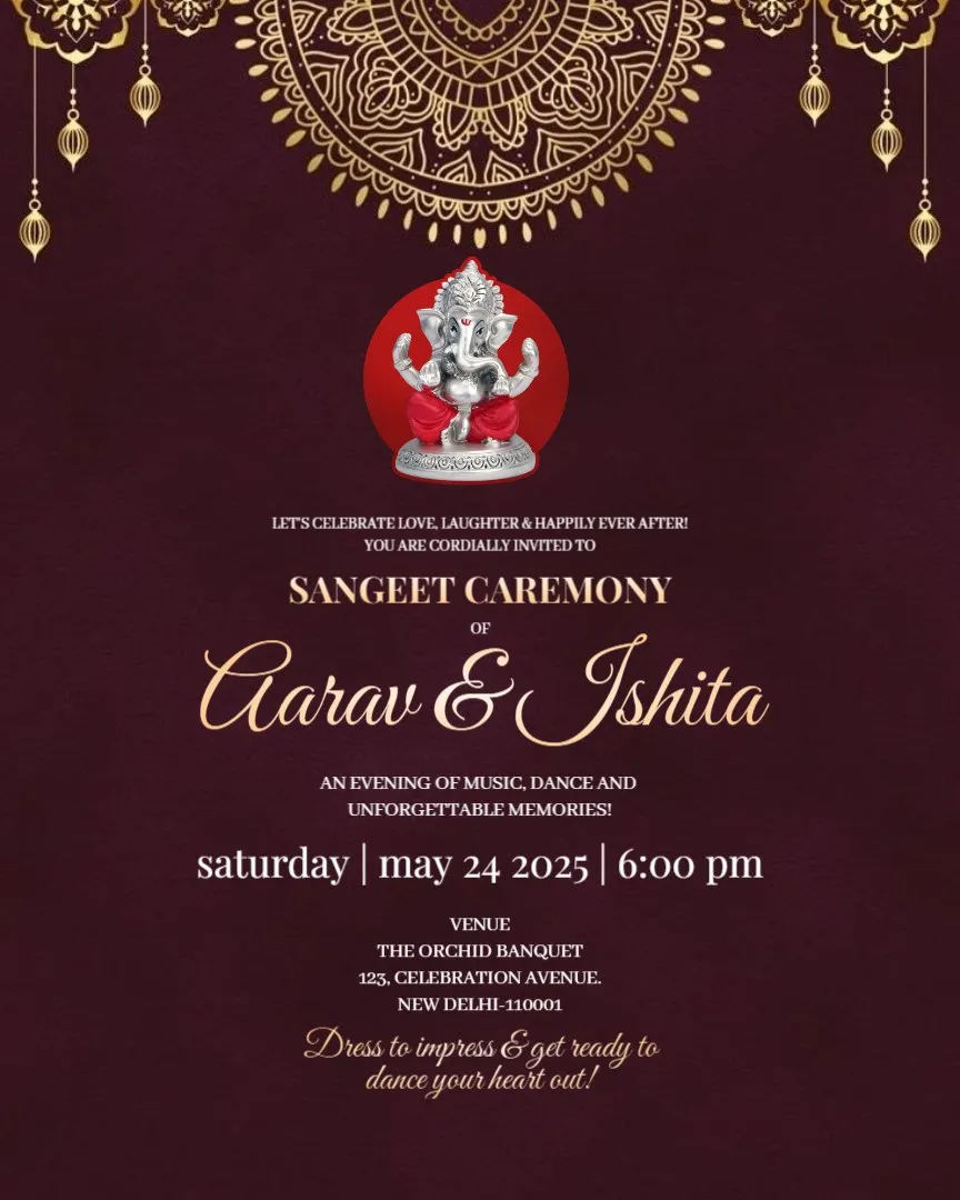 Colorful Sangeet Night Invitations — English Sangeet Ceremony Invitation Cards template