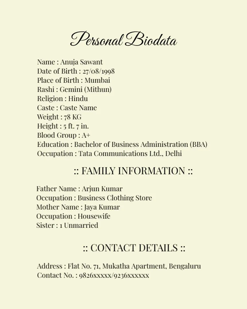 Elegant English Marriage Biodata Design — English English Marriage Biodata Templates template