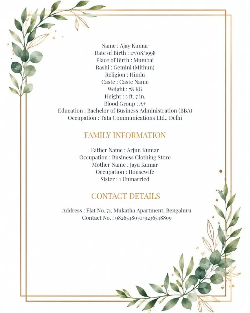 Simple English Marriage Biodata Format — English English Marriage Biodata Templates template
