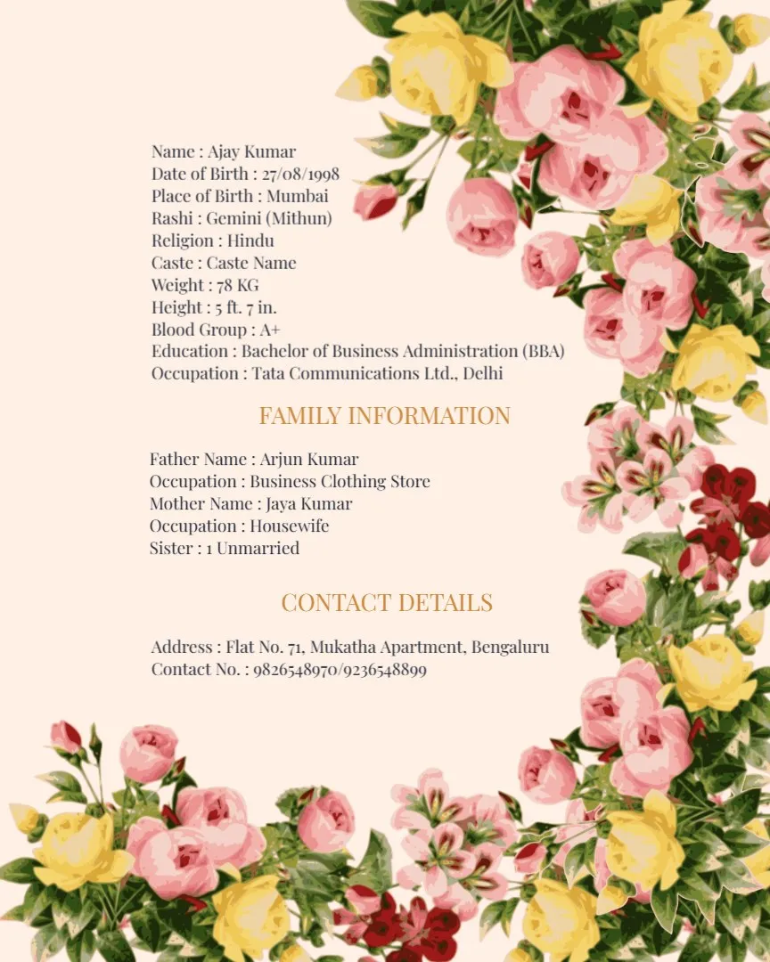 Premium English Wedding Biodata Without Photo — English English Marriage Biodata Templates template