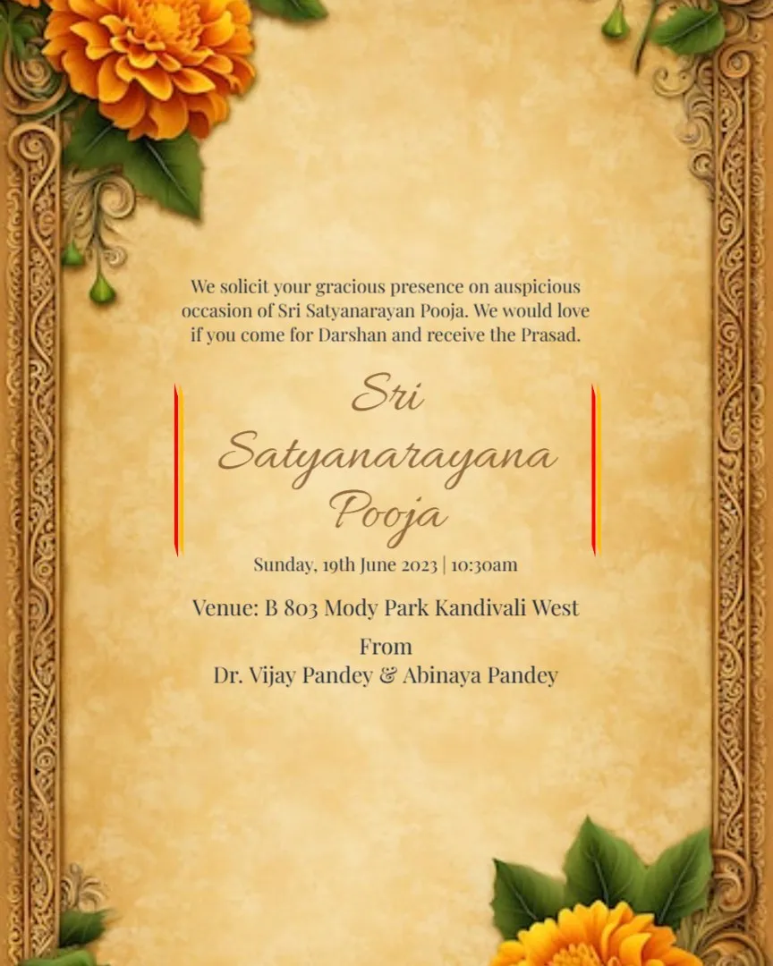 Satyanarayan Puja Family Invitation — English Satyanarayan Puja Invitation Cards template