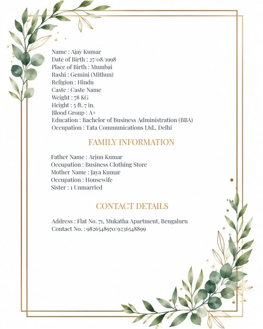 Traditional Marriage Biodata Format — English English Marriage Biodata Templates template