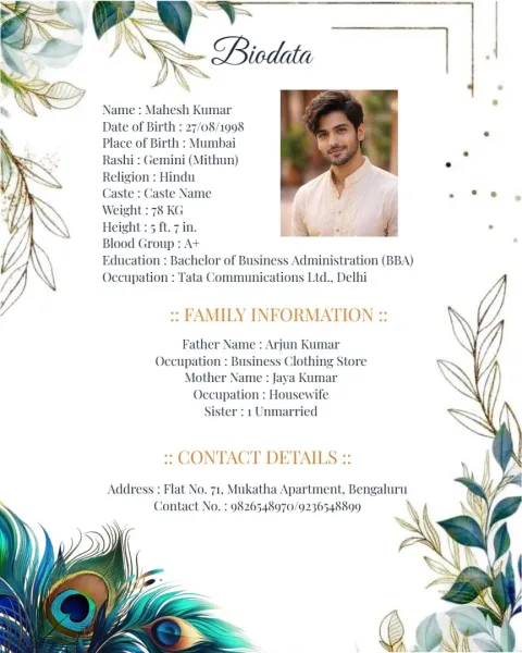 English Marriage Biodata for Groom